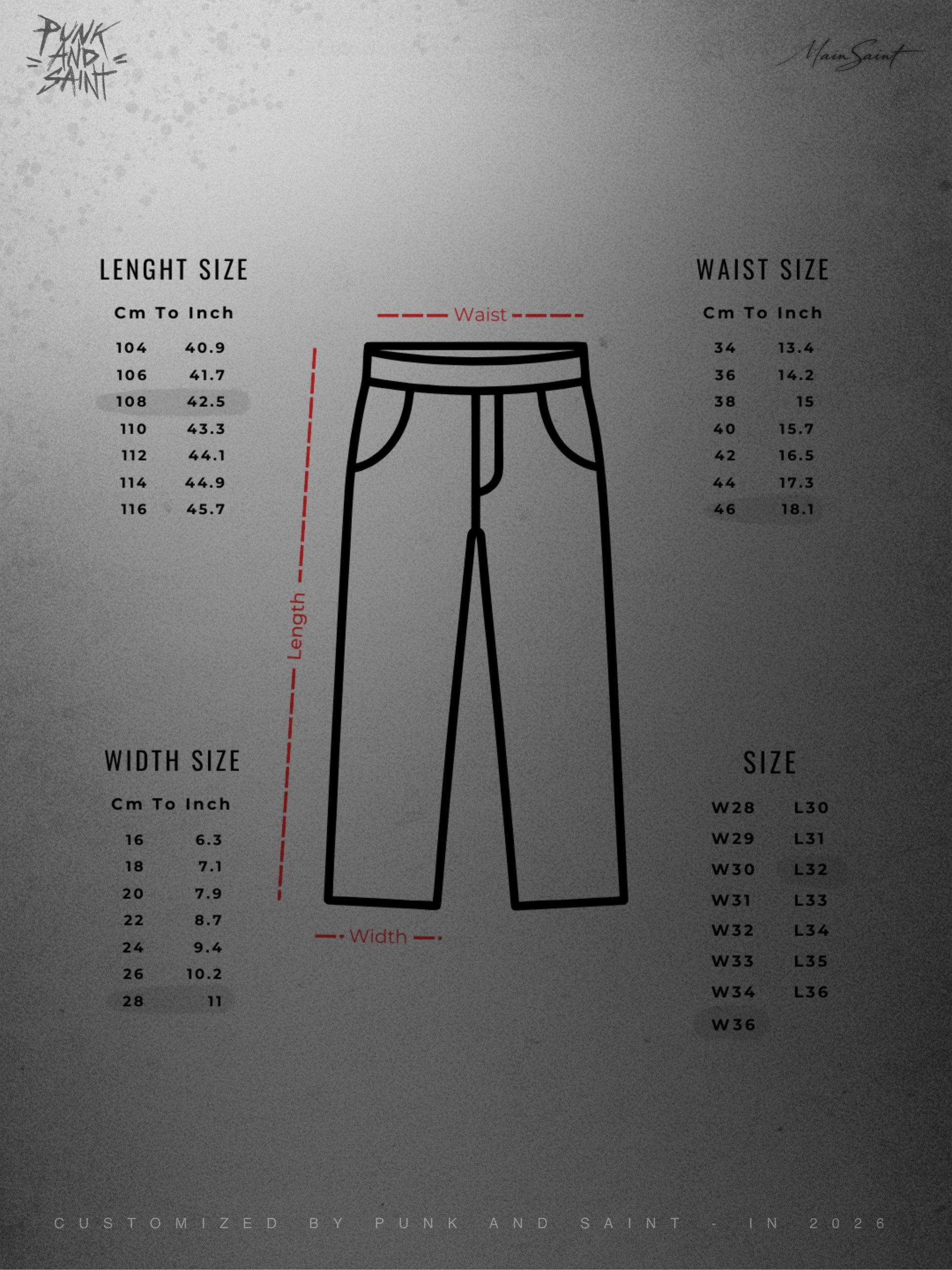 Pants size chart with measurements on a gray background